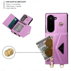 Phone Case For Samsung Galaxy Z Fold 6 Wallet Case with Stand Holder Zipper with Lanyard Retro Genuine Leather TPU