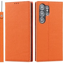 Phone Case For Samsung Galaxy S25 S24 S23 Ultra Plus S22 Plus Ultra S20 S20 FE Wallet Case with Wrist Strap Kickstand Card Slot Retro Genuine Leather TPU