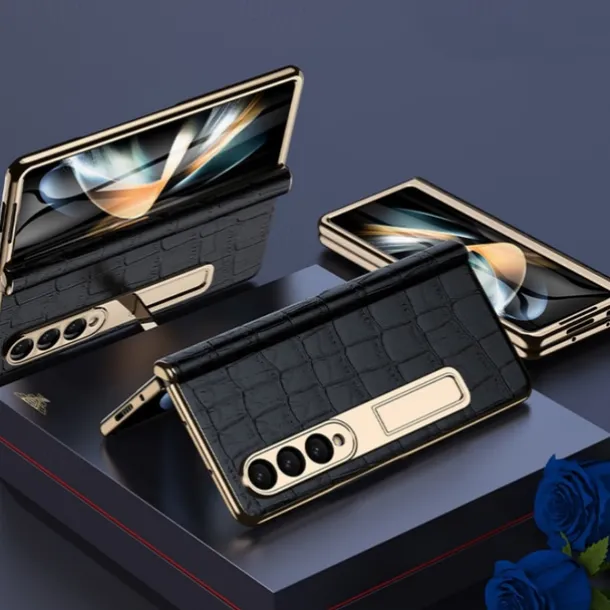 Phone Case For Samsung Galaxy Z Fold 5 Z Fold 4 Z Fold 3 Kickstand Shockproof Genuine Leather