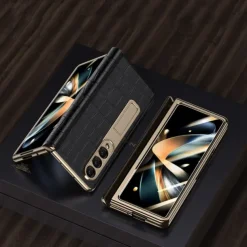 Phone Case For Samsung Galaxy Z Fold 5 Z Fold 4 Z Fold 3 Kickstand Shockproof Genuine Leather