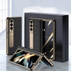 Phone Case For Samsung Galaxy Z Fold 5 Z Fold 4 Z Fold 3 Kickstand Shockproof Genuine Leather