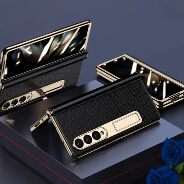 Phone Case For Samsung Galaxy Z Fold 5 Z Fold 4 Z Fold 3 Kickstand Shockproof Genuine Leather