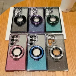 Phone Case For Samsung Galaxy S25 S24 S23 Ultra Plus S22 Plus Ultra Back Cover Magnetic Adsorption with Stand Holder Support Wireless Charging Bling Glitter Shiny TPU
