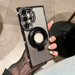 Phone Case For Samsung Galaxy S25 S24 S23 Ultra Plus S22 Plus Ultra Back Cover Magnetic Adsorption with Stand Holder Support Wireless Charging Bling Glitter Shiny TPU