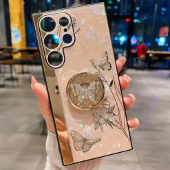Phone Case For Samsung Galaxy S25 S24 S23 S22 S21 FE S21 Ultra Plus S20 A52 Back Cover Bumper Frame Rhinestone Ring Holder Butterfly Glitter Shine Flower TPU PC