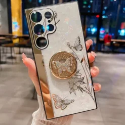 Phone Case For Samsung Galaxy S25 S24 S23 S22 S21 FE S21 Ultra Plus S20 A52 Back Cover Bumper Frame Rhinestone Ring Holder Butterfly Glitter Shine Flower TPU PC
