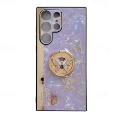 Phone Case For Samsung Galaxy S25 S24 S23 S22 S21 FE S21 Ultra Plus S20 A52 Back Cover Bumper Frame Rhinestone Ring Holder Butterfly Glitter Shine Flower TPU PC
