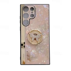 Phone Case For Samsung Galaxy S25 S24 S23 S22 S21 FE S21 Ultra Plus S20 A52 Back Cover Bumper Frame Rhinestone Ring Holder Butterfly Glitter Shine Flower TPU PC