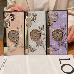 Phone Case For Samsung Galaxy S25 S24 S23 S22 S21 FE S21 Ultra Plus S20 A52 Back Cover Bumper Frame Rhinestone Ring Holder Butterfly Glitter Shine Flower TPU PC