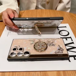 Phone Case For Samsung Galaxy S25 S24 S23 S22 S21 FE S21 Ultra Plus S20 A52 Back Cover Bumper Frame Rhinestone Ring Holder Butterfly Glitter Shine Flower TPU PC