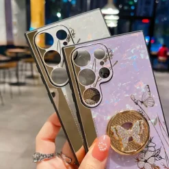 Phone Case For Samsung Galaxy S25 S24 S23 S22 S21 FE S21 Ultra Plus S20 A52 Back Cover Bumper Frame Rhinestone Ring Holder Butterfly Glitter Shine Flower TPU PC
