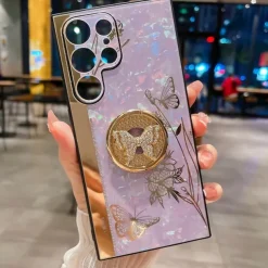 Phone Case For Samsung Galaxy S25 S24 S23 S22 S21 FE S21 Ultra Plus S20 A52 Back Cover Bumper Frame Rhinestone Ring Holder Butterfly Glitter Shine Flower TPU PC