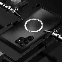 Phone Case For Samsung Galaxy S23 S22 S21 Ultra Plus With Magsafe Magnetic Dustproof Four Corners Drop Resistance Lines / Waves Carbon Fiber