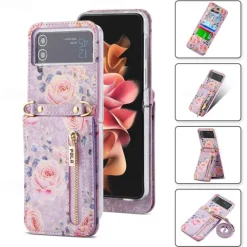 Phone Case For Samsung Galaxy Z Flip 6 Z Flip 5 Z Flip 4 Z Flip 3 Handbag Purse Wallet Case Flip Zipper with Removable Cross Body Strap Graphic Flower PU Leather