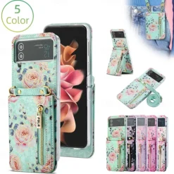 Phone Case For Samsung Galaxy Z Flip 6 Z Flip 5 Z Flip 4 Z Flip 3 Handbag Purse Wallet Case Flip Zipper with Removable Cross Body Strap Graphic Flower PU Leather