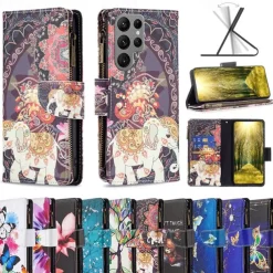 Phone Case For Samsung Galaxy S25 S24 S23 S23 FE S22 S21 Ultra Plus A35 5G A25 A15 A14 Wallet Case with Stand Holder Zipper with Wrist Strap Retro TPU PU Leather