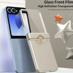 Phone Case For Samsung Galaxy Z Flip 6 Z Flip 5 Back Cover Ring Buckle Shockproof Retro PC