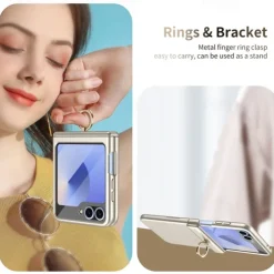 Phone Case For Samsung Galaxy Z Flip 6 Z Flip 5 Back Cover Ring Buckle Shockproof Retro PC