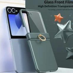 Phone Case For Samsung Galaxy Z Flip 6 Z Flip 5 Back Cover Ring Buckle Shockproof Retro PC