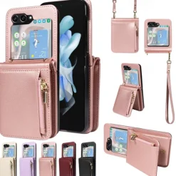 Phone Case For Samsung Galaxy Z Flip 6 Z Flip 5 Wallet Case with Stand Holder Zipper with Lanyard Retro TPU PU Leather
