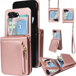 Phone Case For Samsung Galaxy Z Flip 6 Z Flip 5 Wallet Case with Stand Holder Zipper with Lanyard Retro TPU PU Leather