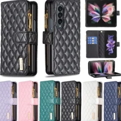 Phone Case For Samsung Galaxy Z Fold 6 Z Fold 5 Z Fold 4 Z Fold 3 Full Body Case Wallet Case Flip Zipper With Card Holder Solid Colored Geometric Pattern PC PU Leather