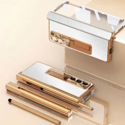 Phone Case For Samsung Galaxy Z Fold 7 Z Fold 6 Z Fold 5 Z Fold 4 Z Fold 3 Back Cover with Stand Holder with Screen Protector Pencil Holder PC Metal PU Leather