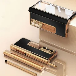 Phone Case For Samsung Galaxy Z Fold 7 Z Fold 6 Z Fold 5 Z Fold 4 Z Fold 3 Back Cover with Stand Holder with Screen Protector Pencil Holder PC Metal PU Leather