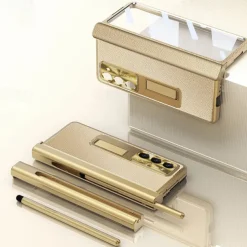 Phone Case For Samsung Galaxy Z Fold 7 Z Fold 6 Z Fold 5 Z Fold 4 Z Fold 3 Back Cover with Stand Holder with Screen Protector Pencil Holder PC Metal PU Leather