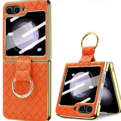 Phone Case For Samsung Galaxy Z Flip 6 Z Flip 5 Z Flip 4 Z Flip 3 Back Cover with Screen Protector Ring Holder Shockproof Retro TPU Metal PU Leather