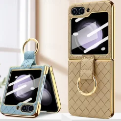 Phone Case For Samsung Galaxy Z Flip 6 Z Flip 5 Z Flip 4 Z Flip 3 Back Cover with Screen Protector Ring Holder Shockproof Retro TPU Metal PU Leather
