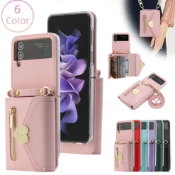 Phone Case For Samsung Galaxy Z Flip 6 Z Flip 5 Z Flip 4 Z Flip 3 Handbag Purse Wallet Case Flip Zipper with Removable Cross Body Strap Solid Colored PU Leather