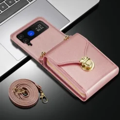 Phone Case For Samsung Galaxy Z Flip 6 Z Flip 5 Z Flip 4 Z Flip 3 Back Cover Flip Cover Zipper with Lanyard Card Slot Retro PC PU Leather