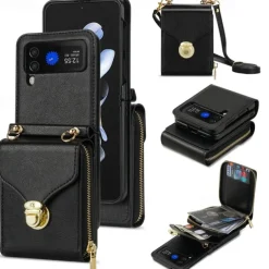 Phone Case For Samsung Galaxy Z Flip 6 Z Flip 5 Z Flip 4 Z Flip 3 Back Cover Flip Cover Zipper with Lanyard Card Slot Retro PC PU Leather