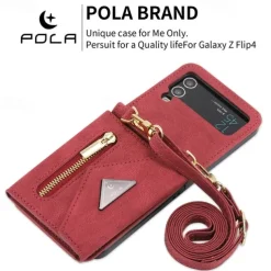 Phone Case For Z Flip 6 Z Flip 5 Z Flip 4 Z Flip 3 Back Cover with Stand Holder Zipper with Lanyard Retro TPU PU Leather