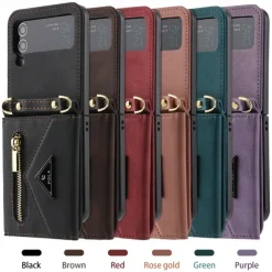 Phone Case For Z Flip 6 Z Flip 5 Z Flip 4 Z Flip 3 Back Cover with Stand Holder Zipper with Lanyard Retro TPU PU Leather