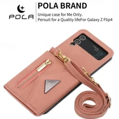 Phone Case For Z Flip 6 Z Flip 5 Z Flip 4 Z Flip 3 Back Cover with Stand Holder Zipper with Lanyard Retro TPU PU Leather