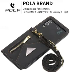 Phone Case For Z Flip 6 Z Flip 5 Z Flip 4 Z Flip 3 Back Cover with Stand Holder Zipper with Lanyard Retro TPU PU Leather