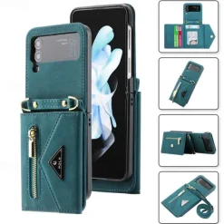 Phone Case For Z Flip 6 Z Flip 5 Z Flip 4 Z Flip 3 Back Cover with Stand Holder Zipper with Lanyard Retro TPU PU Leather