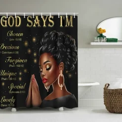 4-Piece Bathroom Set, Waterproof Polyester Shower Curtain with 12 Hooks, Non-Slip Toilet Seat Cover & Sturdy Bath Mat, Fashionable African American Women Design for Home Decor