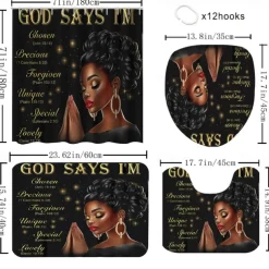4-Piece Bathroom Set, Waterproof Polyester Shower Curtain with 12 Hooks, Non-Slip Toilet Seat Cover & Sturdy Bath Mat, Fashionable African American Women Design for Home Decor