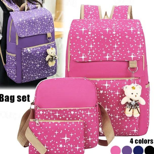 4-Piece Starry Backpack Set for Girls - Includes Backpack, Shoulder Bag, Purse, and Pencil Case - Available in Pink, Purple, Blue, and Black
