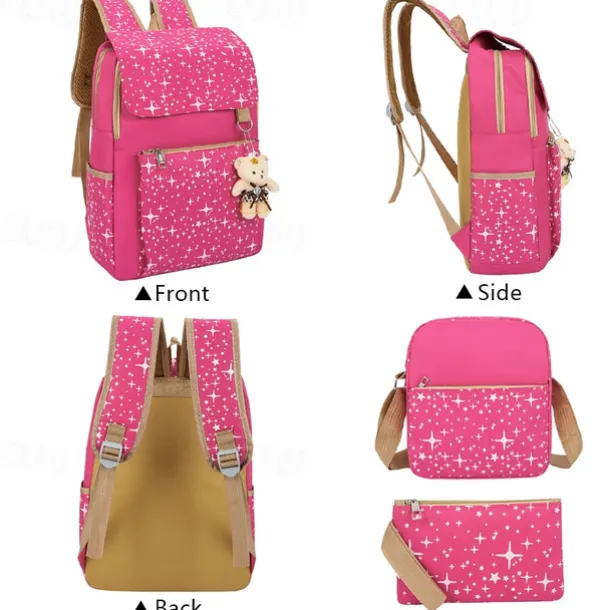 4-Piece Starry Backpack Set for Girls - Includes Backpack, Shoulder Bag, Purse, and Pencil Case - Available in Pink, Purple, Blue, and Black
