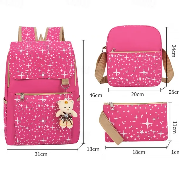 4-Piece Starry Backpack Set for Girls - Includes Backpack, Shoulder Bag, Purse, and Pencil Case - Available in Pink, Purple, Blue, and Black