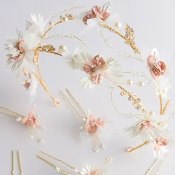 Pink Floral Crown Headband And Hairpins Color Hairband Flower Tiara Bridal Hair Accessories Hair Pins Set Hair Jewelry For Women