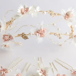 Pink Floral Crown Headband And Hairpins Color Hairband Flower Tiara Bridal Hair Accessories Hair Pins Set Hair Jewelry For Women