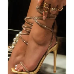 Pink Rhinestone Strappy Stiletto Heels for Women – Sparkling Detail, Perfect for Elegant Evening Wear and Parties.