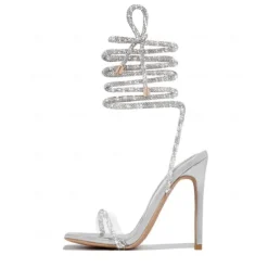 Pink Rhinestone Strappy Stiletto Heels for Women – Sparkling Detail, Perfect for Elegant Evening Wear and Parties.