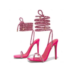 Pink Rhinestone Strappy Stiletto Heels for Women – Sparkling Detail, Perfect for Elegant Evening Wear and Parties.