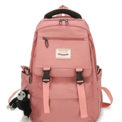 Pink Waterproof School Bags Nylon Backpack with Plush Monkey Keychain - Stylish and Durable School Bag with Multiple Pockets for Travel and Everyday Use